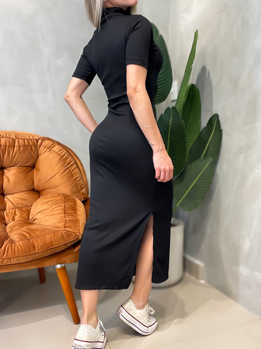 Vestido Midi em Ribana Manga Curta com Gola Gislene Ref. 1697