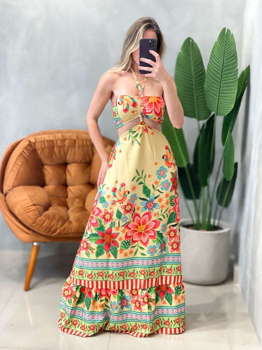 Vestido Longo em Crepe Estampado de Alça com Amarração Daiana Ref. 1633