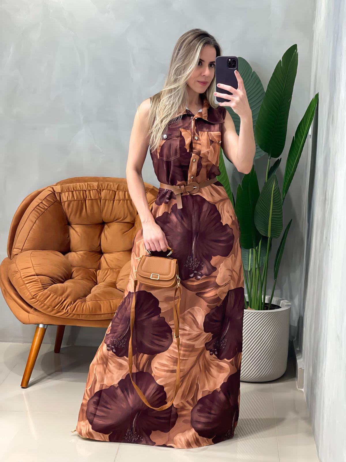 Vestido Longo em Crepe Regata com Bolsos Estampado Ref. 1680