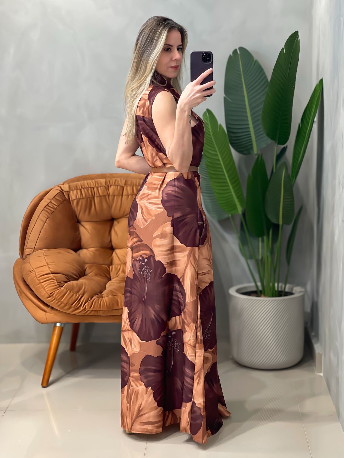 Vestido Longo em Crepe Regata com Bolsos Estampado Ref. 1680