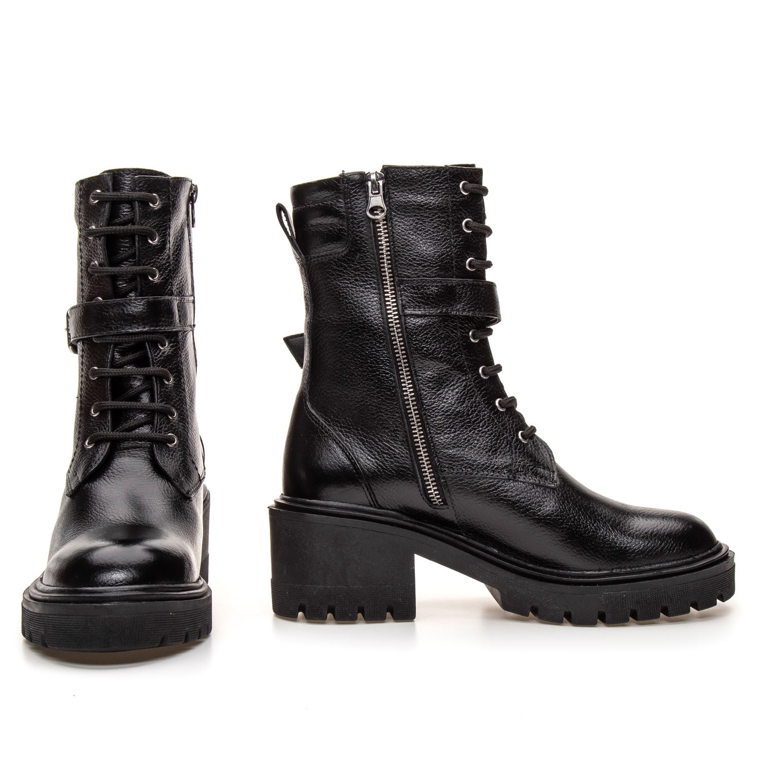 Bota Coturno Cano Médio Couro Preto Ziper