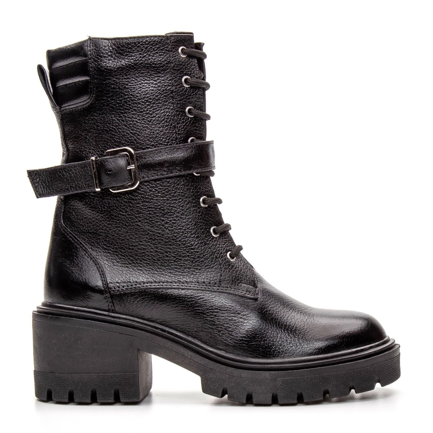 Bota Coturno Cano Médio Couro Preto Ziper