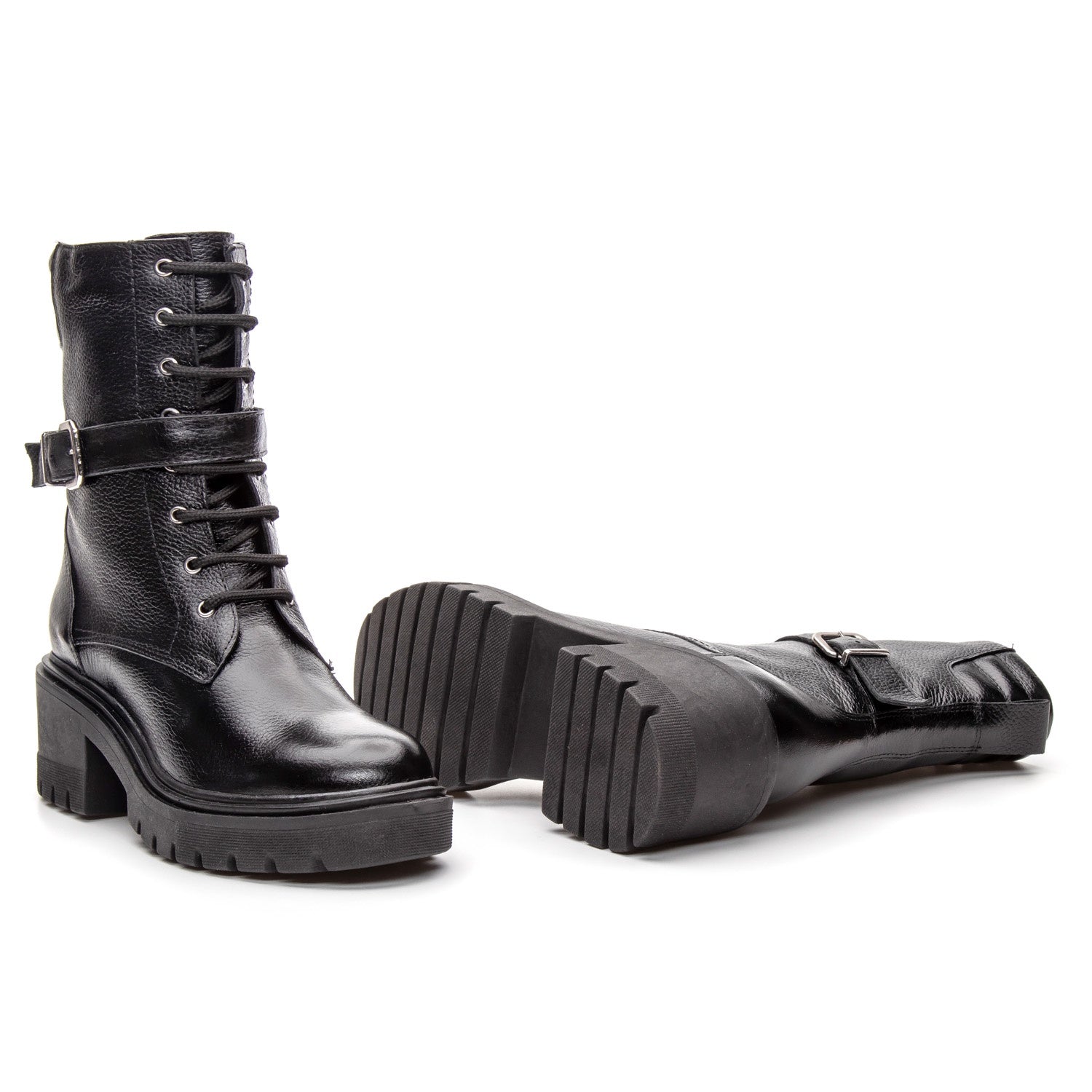Bota Coturno Cano Médio Couro Preto Ziper